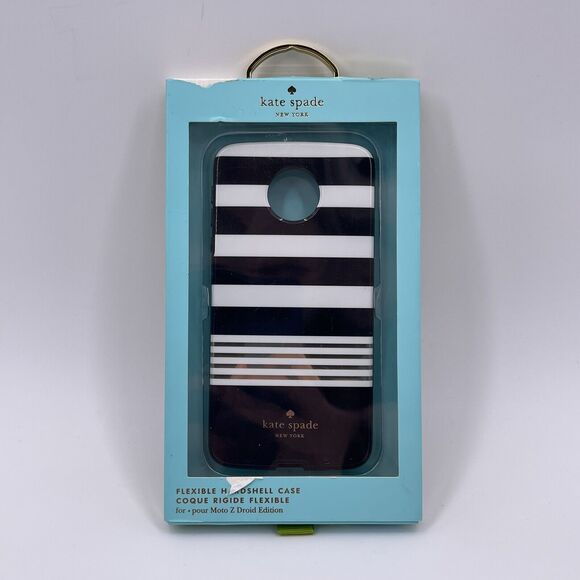 Kate Spade NY Hardshell Cell Phone Case Moto Z Droid Black White Gold Stripes - Picture 1 of 10